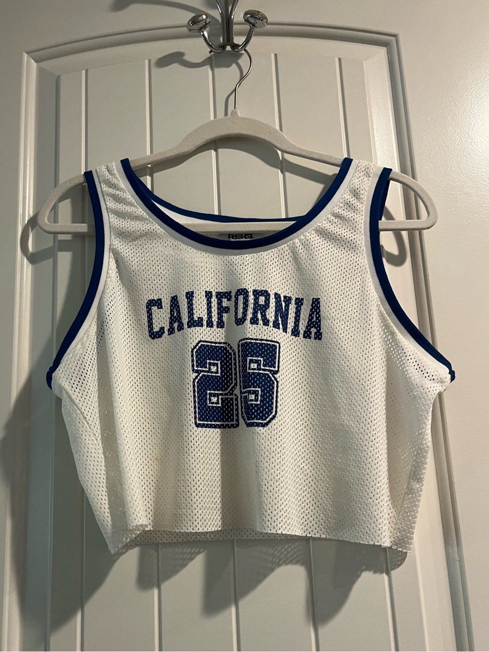 RSQ California White & Blue Mesh Cropped Jersey Tank M Fits S